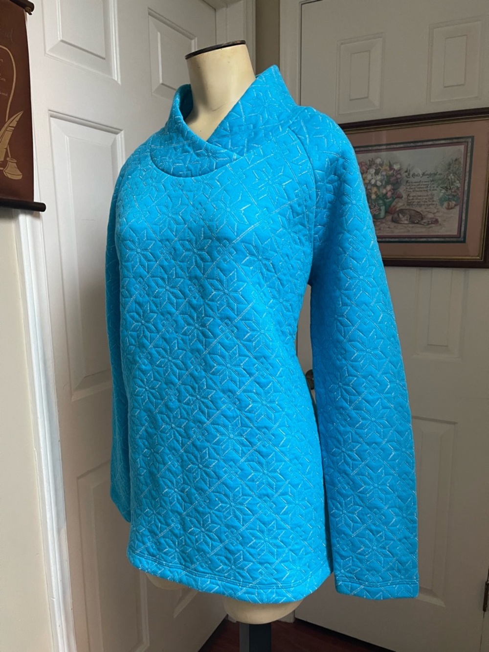 Talbots Turquoise Quilted Pullover with Silver Stitching